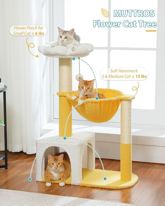 MUTTROS Cute Cat Tree with Flower Top Bed - Cloud Scratching Posts, 35" Small Cat Tower with Large Metal Frame Hammock for Indoor Cats, White Cat Condo for Kittens, Yellow