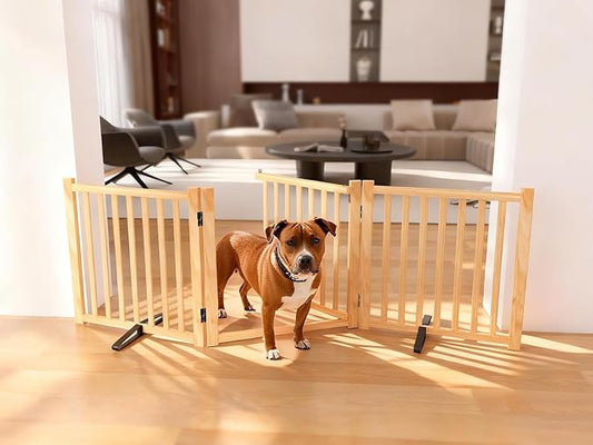 YOCAN Paint-Free Wooden Freestanding Dog Gates with Door for The House,Doorways, Stairs,Wood Dog Fences Indoor Pet Gate,Step Over Fence-3 Panel