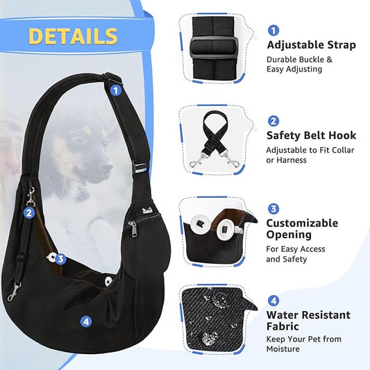 SlowTon Dog Carrier Sling - Thick Padded Shoulder Strap Adjustable Dog Carriers for Small Dogs, Puppy Carrier Purse for Pet Cat with Front Zipper Pocket Safety Belt Machine Washable Waterproof Black L