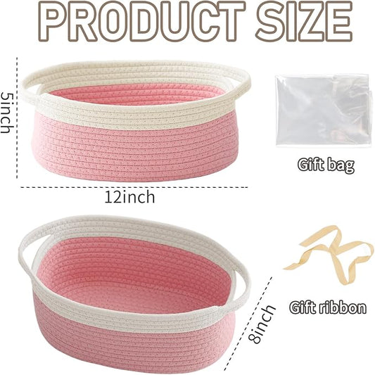 Woven Basket,Small Rope Storage Bin with Handles & Ribbon Bag, Organizer for Shelves Closets,Gift Basket Empty for Birthday,Books,Dog Toys, White&Pink