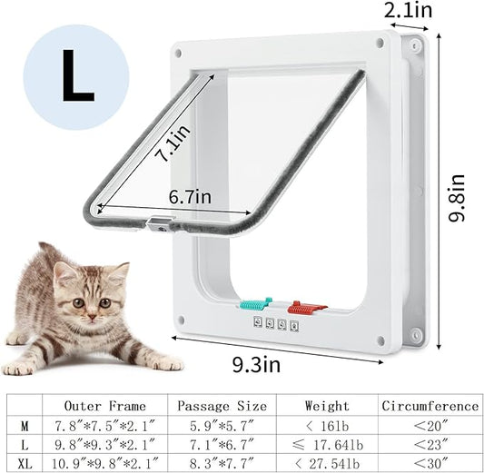 Cat Door for Interior Exterior Door (Outer Size 9.8" x 9.3"), 4-Way Locking Flap for Cats & Dogs(Circumference < 23"), Weatherproof Pet Door, White, ABS Material (L)