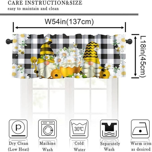 Bee Valances Curtain for Kitchen, Black White Buffalo Daisy Gnomes Window Treatment Valances Short Curtains Rod Pocket Drape for Dining Room Home Farmhouse Decor, 54x18inch
