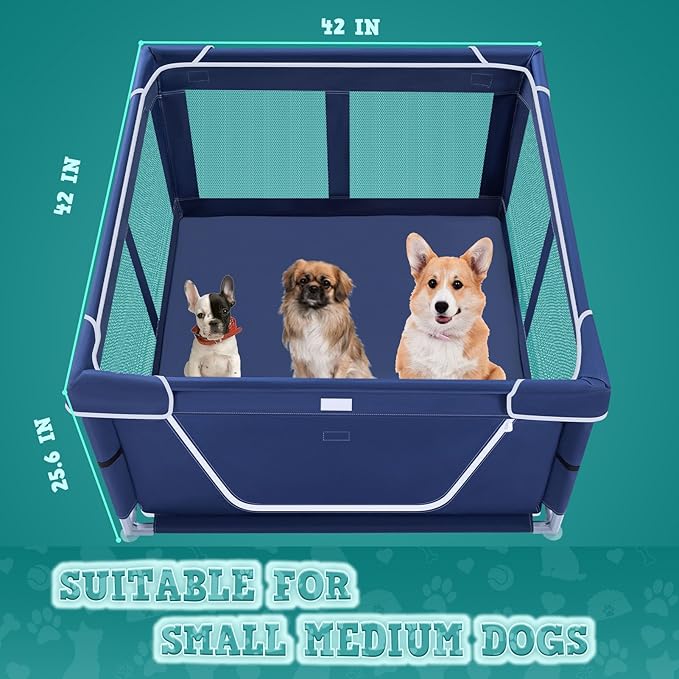 42x42 Inch Puppy Playpen with Cover, Dog Playpen for Puppies or Small Dogs, Pet Fence for Indoor & Outdoor, Sturdy Safety DogPen with Thickened Fabric, High-Strength Nylon Wire Mesh, Blue