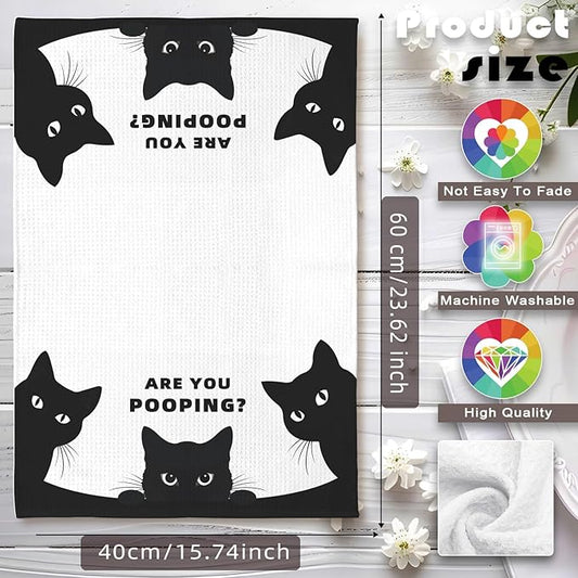 Quick-Drying Humorous Bathroom Hand Towel with Playful Black Cat Design - Quirky 'are You Pooping' Inspired Artwork Decorative Towel for Bathroom, Funny Feline Lover Gifts for Cat Ladies