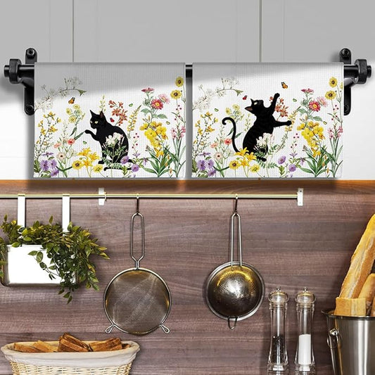 2-Pack Black Cat & Floral Kitchen Towels Decorative Set - Playful Feline Set-Quick-Drying Decorative Design Hand Towels for Cooking, Bathroom Decor - Purrfect Funny Gifts for Cat Lovers for Women