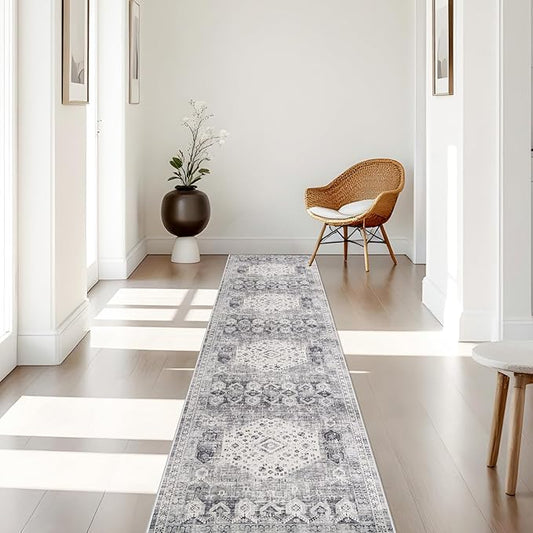 Washable 2x10 Kitchen Rugs - Hallway Rug Runner with Non Slip Rubber Backing Distressed Vintage Bedroom Entryway Carpet Soft Indoor Home Decor Floor Mat for Laundry Bathroom (2'x10', Grey)
