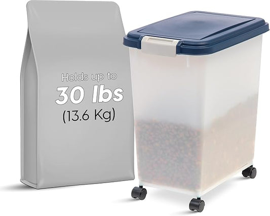 IRIS USA Airtight Dog Food Storage Container, Up to 30 lbs, Attachable Wheels, for Dog Cat Bird and other Pet Food Storage Bin, Keep Fresh, Easy Mobility, BPA Free, Navy/Pearl