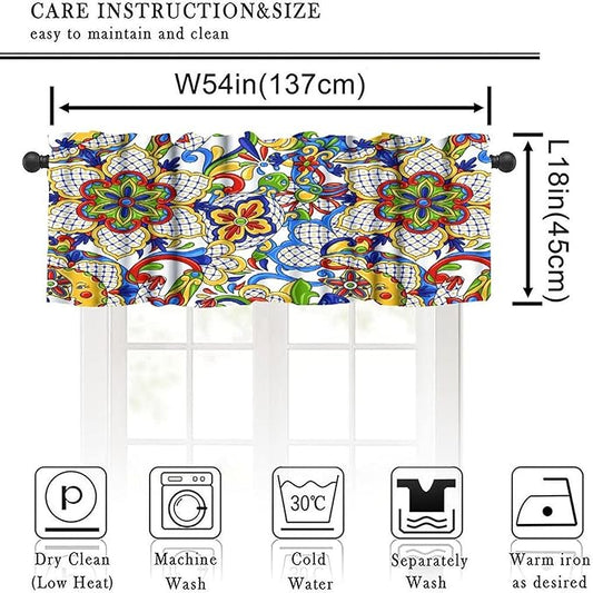 Mexico Valance Curtains Rustic Ethnic Folk Mexican Traditional Talavera Tile Pattern Window Treatment Valances Short Curtains Rod Pocket Drape for Dining Room Home Kitchen Decor, 54x18inch