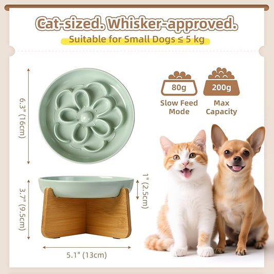 Elevated Slow Feeder Cat Bowl - Melamine Cat Dish with Anti-Slip Bamboo Stand - Whisker Friendly Feeding Bowl - Floral Maze Food Plate for Slow Eating - Green