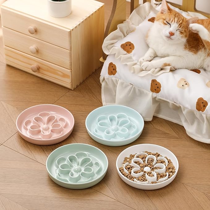 Melamine Cat Slow Feeder Bowl Set - Floral Maze Food Dishes for Cats and Small Dogs - Shallow Wide Plates for Dry & Wet Food - 3 Pack - White & Pink & Green