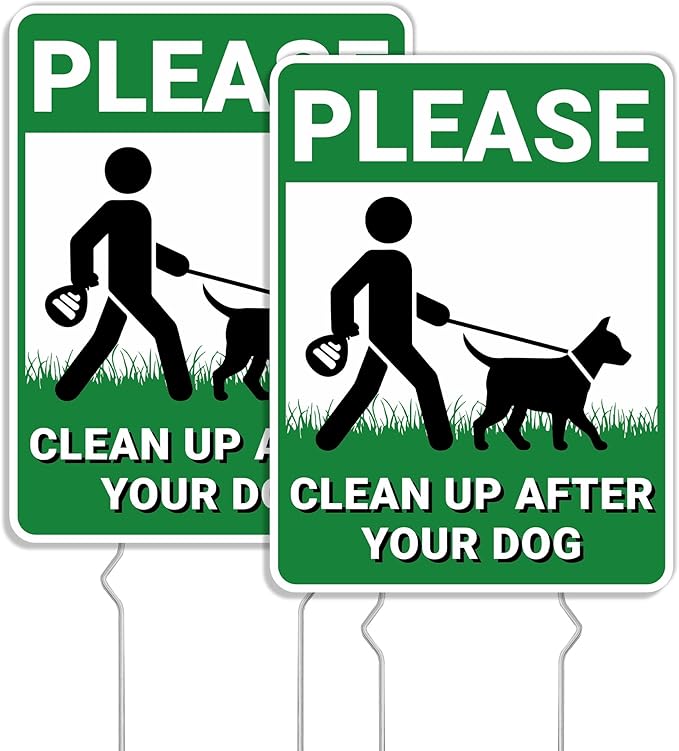 Clean Up After Your Dog Signs, 2 Pack Pick Up Dog Poop Yard Signs with Metal Stakes, Double Sided No Pooping Signs for Yard, UV Protected & Waterproof