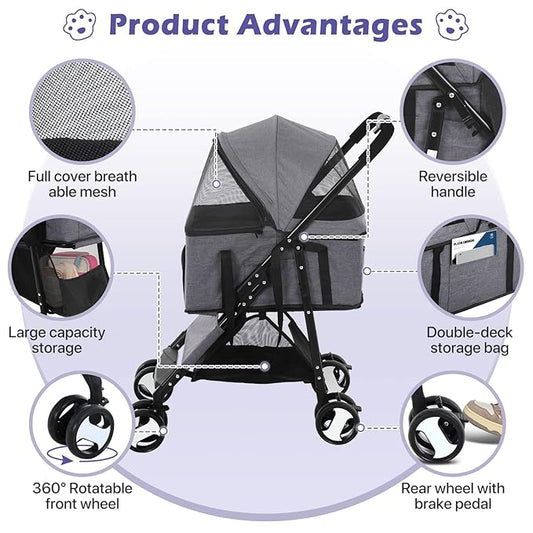 3-in-1 Folding Pet Stroller for Medium Small Dogs Cats - 4 Wheels Lightweight Travel With Detachable Carrier, Grey