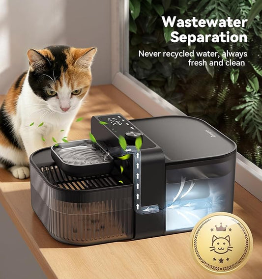 FEELNEEDY Wireless No Filters Cat Water Fountain, Wastewater Separation, Stainless Steel Bowl, 3000mAh 3.5L Pet Water Fountain for Indoor Cats & Dogs Dispenser, Black