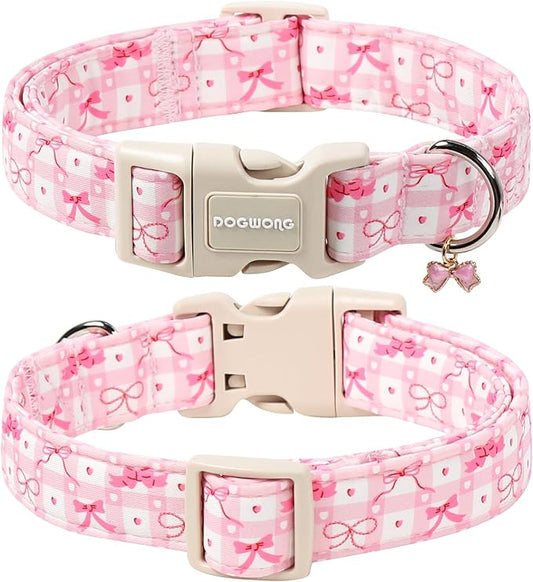 DOGWONG Pink Plaid Dog Collar-Cute Pink Bowtie Print Dog Collar, Adjustable Cotton Girl Female Pet Collar with Quick Release Buckle,XL