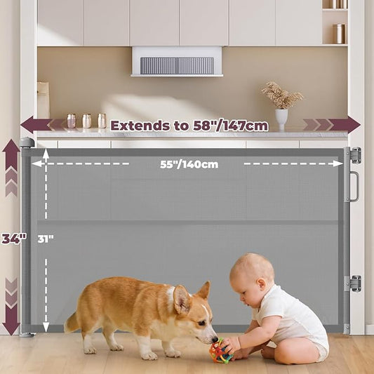 2Pack Retractable Baby Gates for Stairs, 58" Extra Wide Mesh Dog Gate for Doorways, Home Saftey Gate for Child Toddler Pet, Indoor and Outdoor Use, Easy Install, 34" Height, Gray