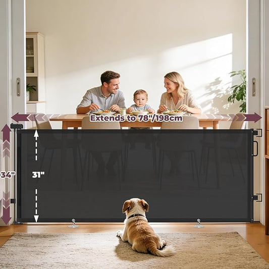 78" Retractable Extra Wide Baby Gates for Doorways, Long Mesh Dog Gate for Large Openings, Indoor Outdoor Pet Gate for Deck Porch Kitchens Hallways, 34" Height, Black