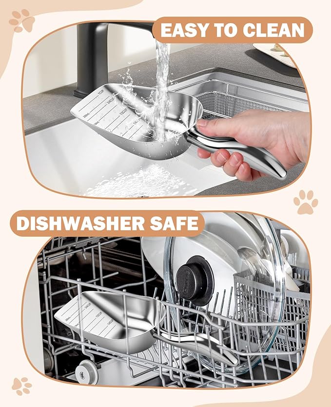 Stainless Steel Cat-Dog Food-Scoop Measuring 1-Cup, Pet Food Scoop with Measuring Lines For Dogs, Cats, And Kitchen Use, Dishwasher Safe