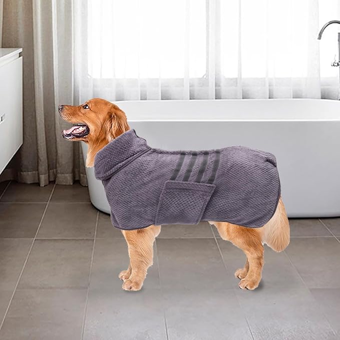 Geyecete Pineapple Grid Fast Drying Super Absorbent Dog Cat Bath Robe Towel - Gray-L