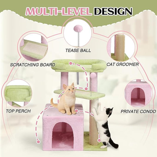 Outvita Cat Tree 27.5in Small Cat Tower, Multi-Level Cat Tree Tower with Cat Scratching Post and Pad, Cozy Cat Condo, Padded Top Bed for Kittens and Indoor Cats, Pink & Green