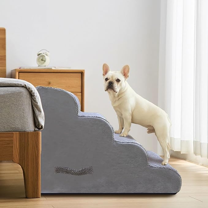 PAWSCART Pet Stairs for Dogs 4-Step, 19.6" H Pet Stairs for High Bed, Couch Sofa & Chair, 30D Material Soft Foam Dog Steps with Non-Slip Bottom Surface Removable Washable Cover, LightGrey