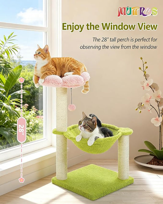 MUTTROS Flower Cat Tree, 28" Cat Tower with Cozy Flower Perch, Large Hammock for Indoor Small Cats, Cute Cat Tree with Sisal Scratching Post and Fur Toy Ball for Kittens, Pink