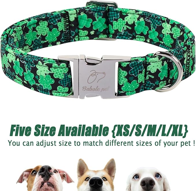St. Patrick's Day Dog Collar, Lucky Clover Dog Collars, Adjustable Heavy Duty Irish Festive Pet Collar for Small Medium Large Dogs with Metal Buckle XS