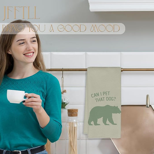 Funny Bear Kitchen Towels, Gifts for Bear Wildlife Camping Lovers Dish Tea Towels for Kitchen Decor, Can I Pet That Dog Decorative Hand Towel for Bathroom, 16x24 Inch - Green