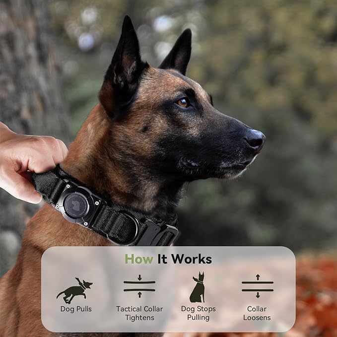 2026 Upgrade Waterproof AirTag Dog Collar, Military Tactical Dog Collar with AirTag Holder, Comfortable Control Handle and Metal Buckle, GPS Dog Collar Holder for Medium to Large Dogs (Black, L)