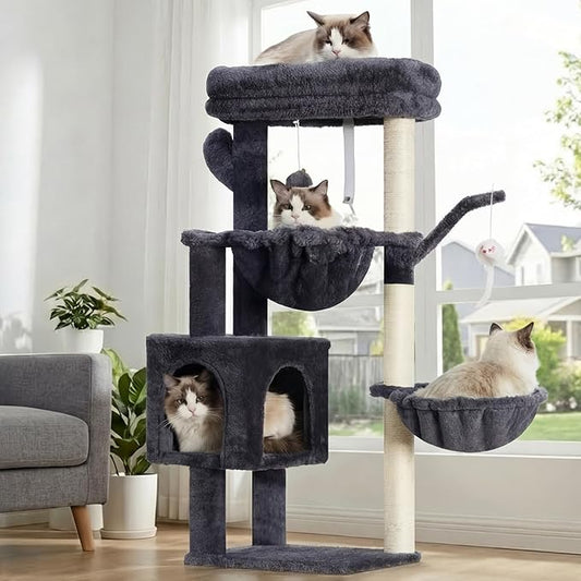 Heybly Cat Tree, 39.4 Inches Tower Condo with Scratching Post, Cat Tower for Indoor Cats, Fully Wrapped Sisal Pole, Soft Platform, 2 Baskets and Dangling Toy, Smoky Gray HCT006SG