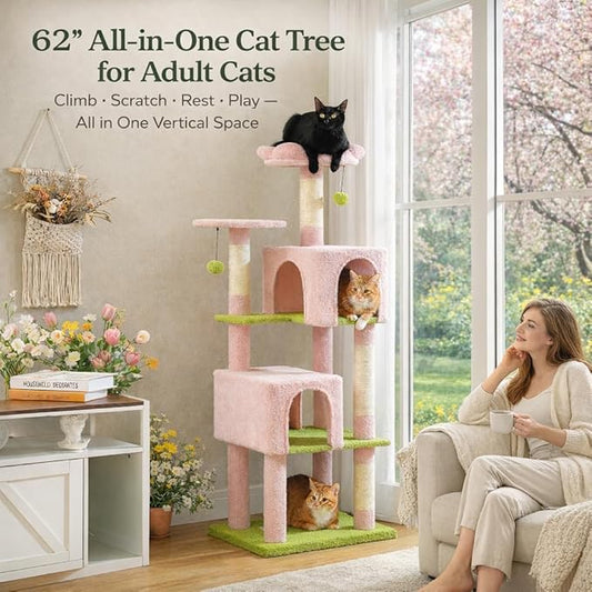 62" Flower Cat Tree for Large Cats, Multi-Level Cat Tower with 2 Plush Condos, Soft Bed, Scratching Posts & Pad, Padded Perch & 2 Hanging Pompoms for Indoor Cats,Pink