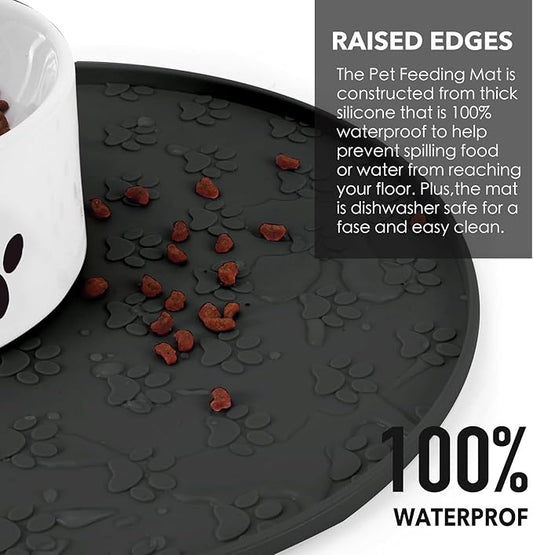 Silicone Pet Food Mat - Waterproof Dog & Cat Feeding Mat with High Lip to Prevent Spills & Protect Floors, Black