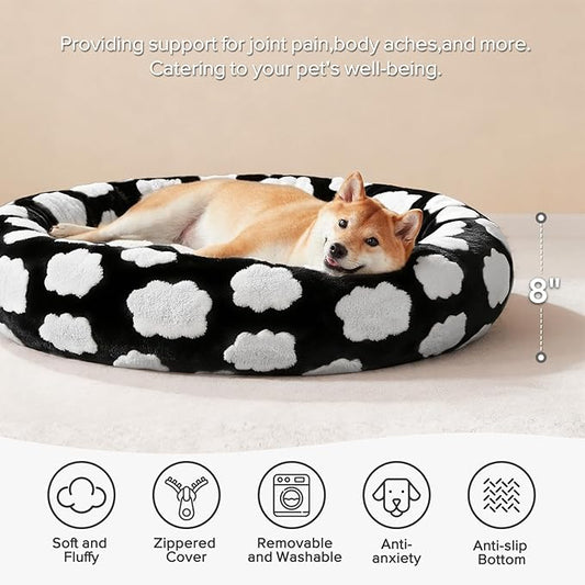 JOEJOY Donut Dog Bed Medium Size Dog, Cute Round Calming Pet Bed with Removable Washable Cover, Orthopedic Puppy Bed with Jacquard Shaggy Plush & Non Skid Bottom