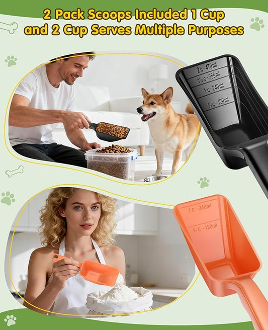 2 Pack Dog Food Scoop with 1 Cup and 2 Cup Capacity, Plastic Pet Food Measuring Scoops with Clear Measurement Lines for Dogs, Cats & More,Dishwasher safe (Orange and Black)