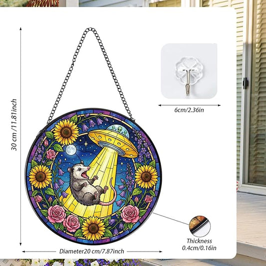 Funny Stained Glass Window Hanging, 8 Inch Opossum Sun Catcher Gift for Housewarming, Decorative Suncatchers Gifts for Wall Art Landscape Hanging Home Decor