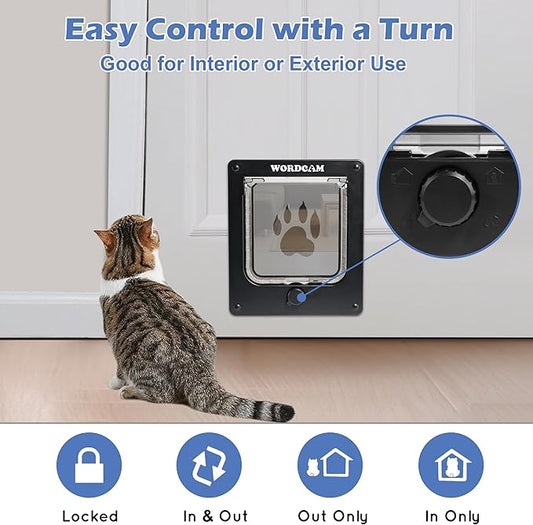 Wordcam Medium Cat Door Flap, 4 Way Locking Cat Door for Interior Exterior Doors, Pet Door for Cats Kitty Kittens Doggies, Robust, Weather-Resistant (Black, M)