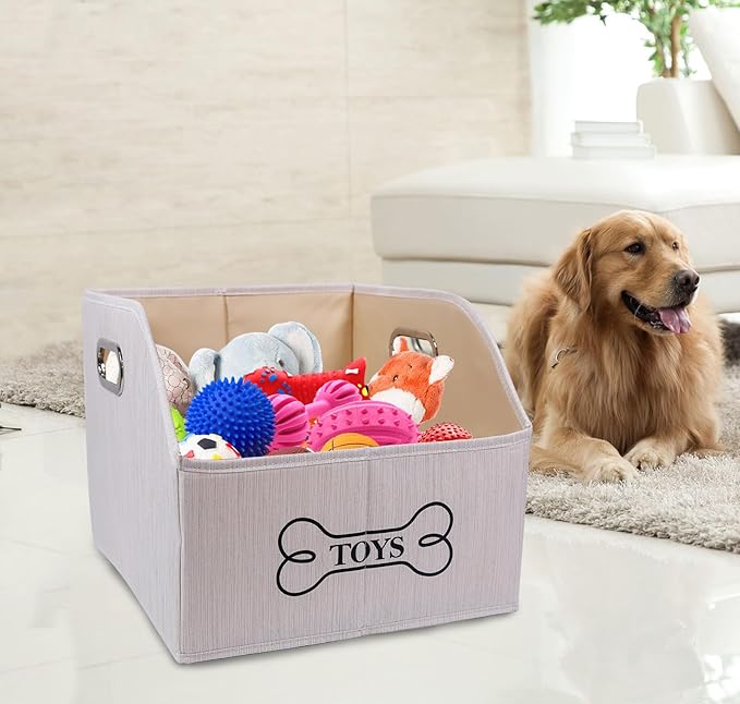 Geyecete Dog Toys Storage Bin With Wooden Handle - Decorative Rectangular Soft Felt Organizer Basket for Pet Supplies - Beige
