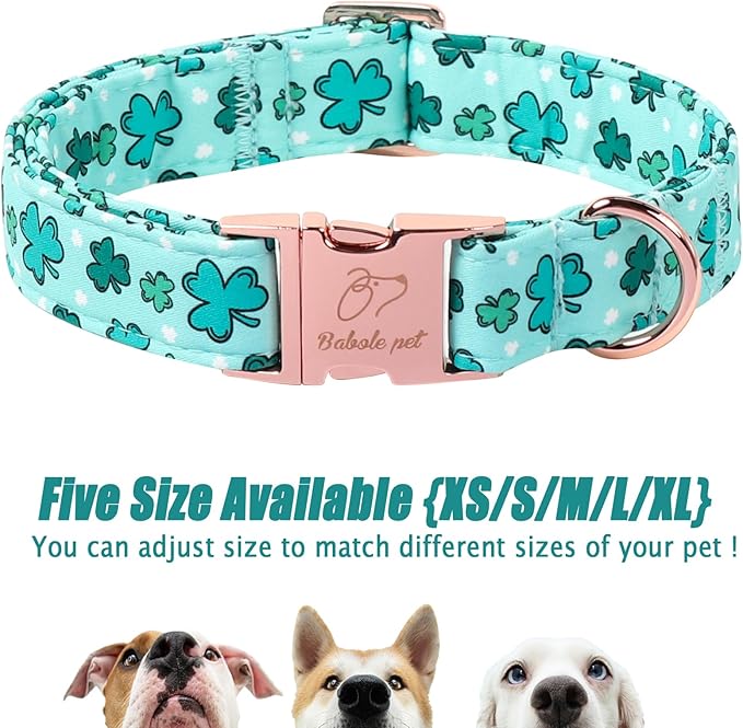 St. Patrick's Day Dog Collar for Small Dogs - Fresh Green Clover Dog Collars, Irish Shamrock Festival Pet Collars, Adjustable Heavy Duty Dogs Collar with Metal Buckle S