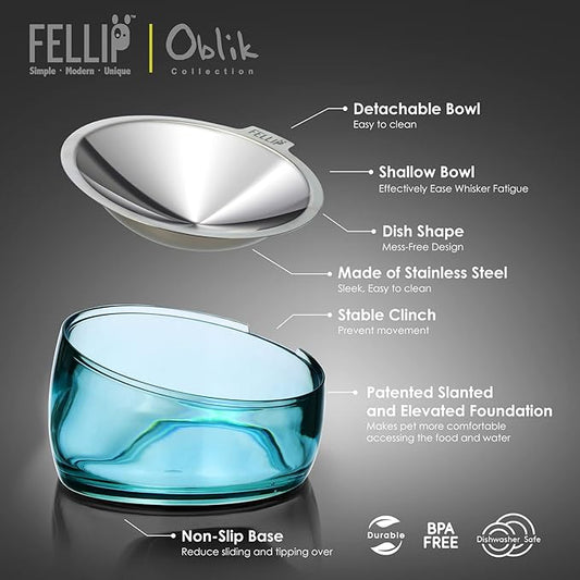 Felli Pet Oblik Whisker Fatigue Cat Food Bowl Raised Stainless Steel Shallow Dish, Pet Design Anti Vomit Tilted Metal Plate Feeder Elevated Acrylic Base(Sapphire, 0.5 Cups Shallow Dish)