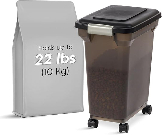 IRIS USA Airtight Dog Food Storage Container, WeatherPro, Up to 22 lbs, Removable Wheels, for Dog Cat Bird and Other Pet Food Storage Bin, Keep Fresh, Made in USA, Smoke