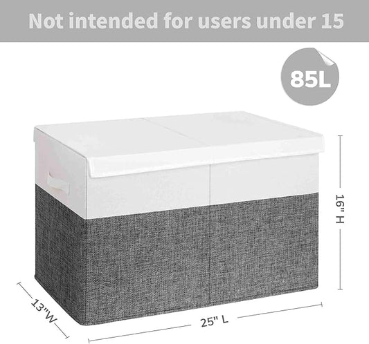 INDRESSME 25"x13"x16" Large Toy Storage Box with Lid, Toy Chest Organizer Toy Basket with Dividers for Playroom, Bedroom, Closet, Toy Bin for Kids Baby Boys Girls (Grey & White)