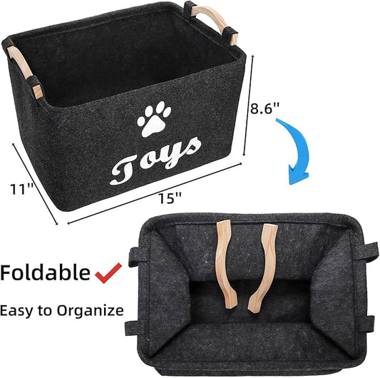 2 Pack Pet Toy Basket, Felt Collapsible Dog Toy Bin Box with Wooden Handles, Large Pet Supplies Storage Organizer for Toys, Blankets, Leashes, Clothing, 15" x 11" x 8.6''
