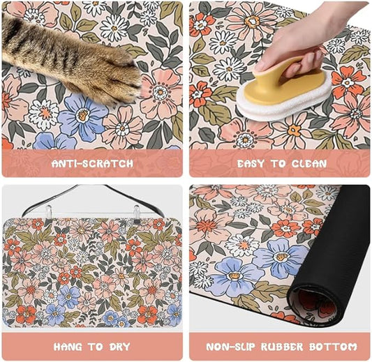 Dog Food Mats for Floors Waterproof, Cat Water Bowl Mats Pet Feeding Absorbent Placemats Flower 17 * 30 inch