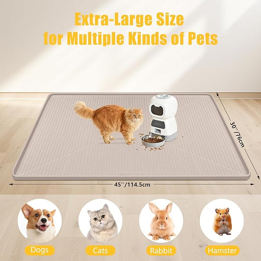 Lorvain 45" x 30" Cat Food Mat, Extra Large Silicone Pet Feeding Mat with Raised Edges, Pet Placemat for Cat Dog Food and Water Bowl Waterproof, Non-Slip, Easy to Clean, Floor Protection, Beige