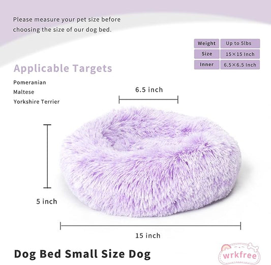 Purple and White Cat Bed for Indoor Cats Washable 15 inches Donut Soft Small Pet Bed,Calming Anti Anxiety Round Fits up to 5 lbs Warm Comfort Kitten Bed Indoor