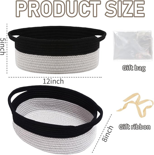 Woven Basket,Small Rope Storage Bin with Handles & Ribbon Bag, Organizer for Shelves Closets,Gift Basket Empty for Birthday,Books,Dog Toys, Black&Grey/3 Pack