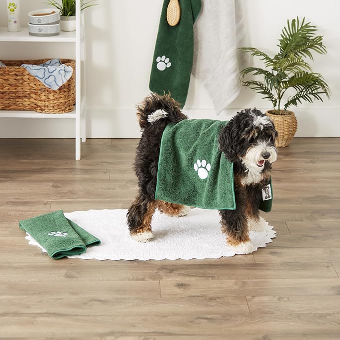 Bone Dry Pet Grooming, Embroidered Microfiber Towel Drying Collection, 15x30, Hunter Green