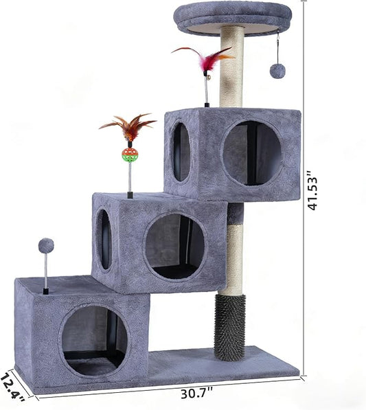 Cat Tree Tower for Indoor Cats, Cat Tree with 3 Spacious Cat Houses & Condos, Full Sisal Scratching Posts and Cat Scratcher Toys, Grey