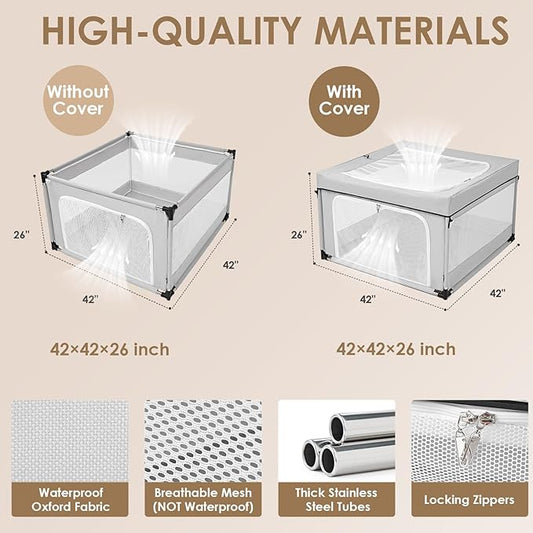 EHEYCIGA 42x42x26 Inches Puppy Playpen Without Top Cover for Dogs & Cats Indoor or Outdoor - Dog Playpen with Door, Dog Fence for Small Animal with Heavy-Duty Oxford & Steel Frame, Sliver Grey