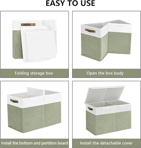 Large Toy Storage Box with Lids, Collapsible Sturdy Baby Storage Organizer Chest Bin Basket for Kids, Boys, Girls, Playroom, Nursery, Bedroom, Closet 25"x13"x16" (Green and White)