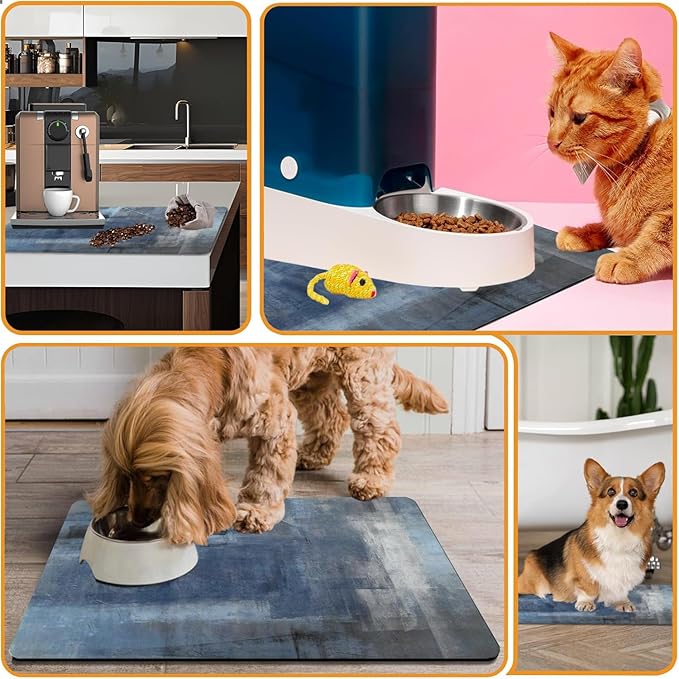 Dog Food Mats for Floors Absorbent, Cat Food Mat - Pet Cat Feeding Mat Quick Dry, Dog Bowl Mats for Water, Pet Supplies Feeding Placemat 16" x 24" Tie-Dye Dark Blue
